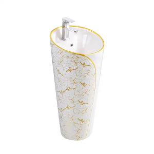 One piece floor standing ceramic pedestal sink ceramic hand wash bowl gold bathroom basin