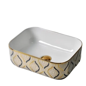 Rectangular Moroccan Design Pattern Modern Countertop Washbasin Luxury Hotel Ceramic Bathroom Washbasin Gold Base Sink