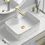 Modern Luxury Hotel Bathroom Vanity Hand Wash Basin Marble style Ceramic Art Sink with Rectangular Design Easy Clean Feature