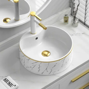 Modern Luxury Hotel Bathroom Vanity Hand Wash Basin Marble style Ceramic Art Sink with Rectangular Design Easy Clean Feature