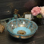 Jingdezhen flower shape ceramic gold pattern sanitary ware art counter porcelain wash basin light blue Bathroom sink