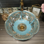 Jingdezhen flower shape ceramic gold pattern sanitary ware art counter porcelain wash basin light blue Bathroom sink