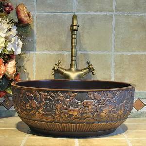 Jingdezhen ceramic sanitary ware art counter basin lavabo sinks Bathroom sinks brown carved ceramic wash basin