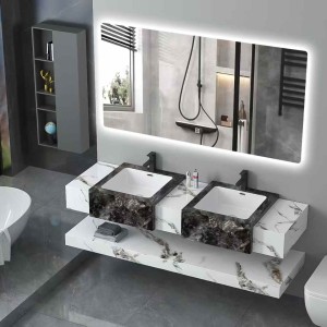 Double Single Wall Mounted White Marble Sintered Stone Cabinet Wash Basin Floating Bathroom Vanities With Mirror