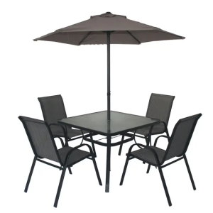 Modern 6-Piece Set of Outdoor Bisto Garden Furniture Iron Foldable Chair Tempered Table Patio Umbrella Dining Living Room Use